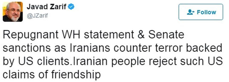 "Repugnant WH statement & Senate sanctions as Iranians counter terror backed by US clients. Iranian people reject such US claims of friendship"