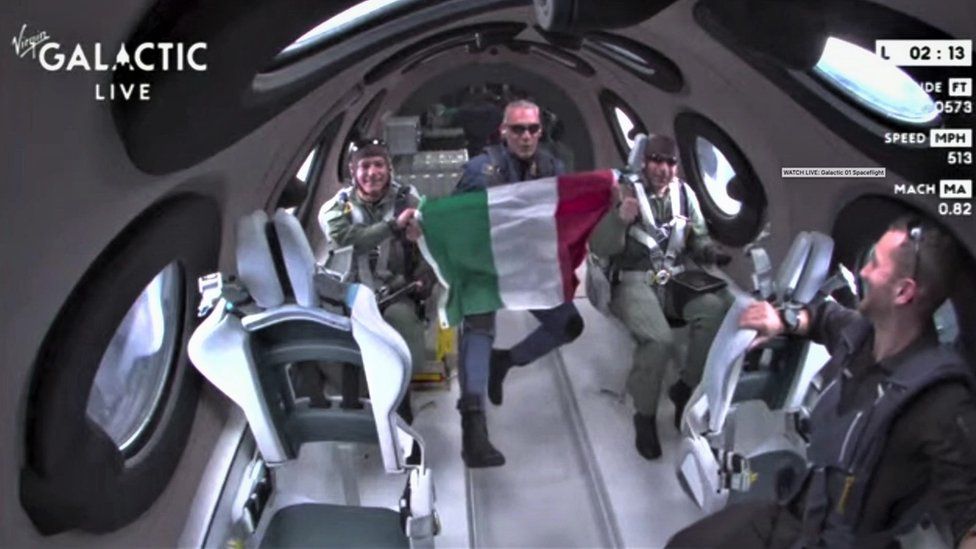 Los miembros italianos del equipo a bordo de Unity sostienen la bandera de su país en el espacio