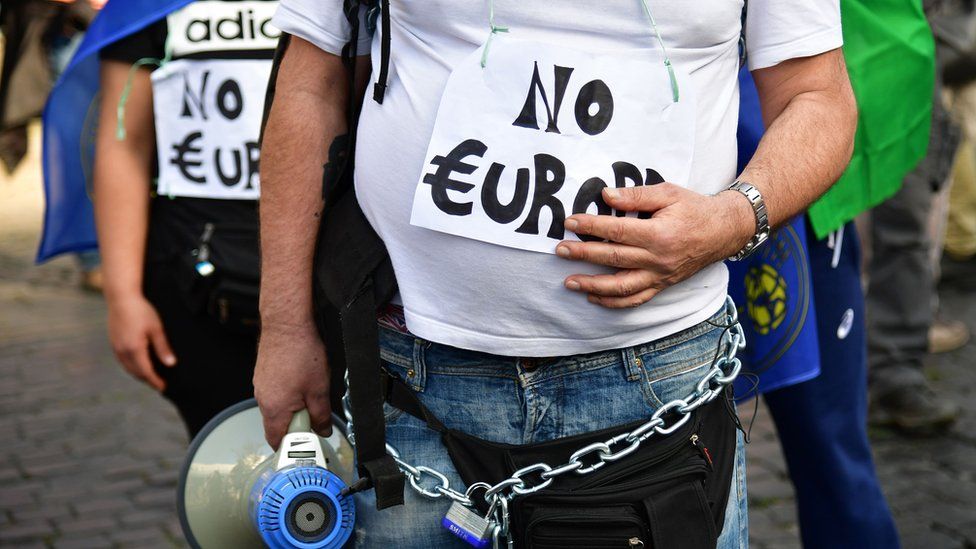 People take part in a demonstration against the European Union (Euro Stop) on March 25, 2017 in Rome.