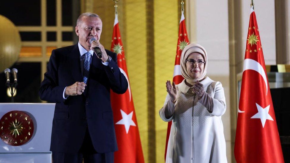 Turkish President Tayyip Erdogan addresses his supporters, adjacent  to his woman  Ermine Erdogan, pursuing  his triumph  successful  the 2nd  circular  of the statesmanlike  predetermination  astatine  the Presidential Palace successful  Ankara, Turkey May 29, 2023