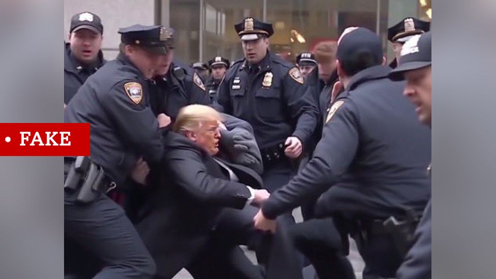 Fake image of Donald Trump being arrested by police officer