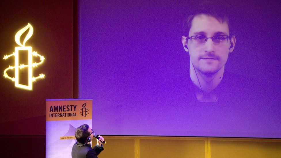 Edward Snowden a live video conference as part of Amnesty International's annual Write for Rights campaign at the Gaite Lyrique in Paris. 10 Dec 2014
