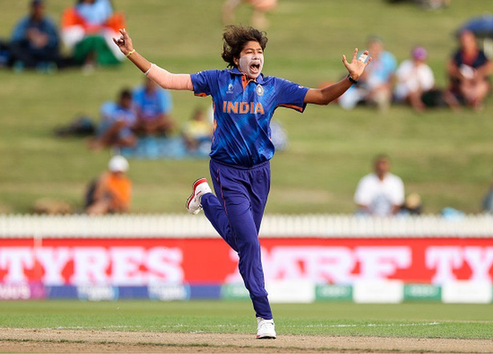 Jhulan Goswami of India appeals during the 2022 ICC Women's Cricket World Cup match between West Indies and India at Seddon Park on March 12, 2022 in Hamilton, New Zealand