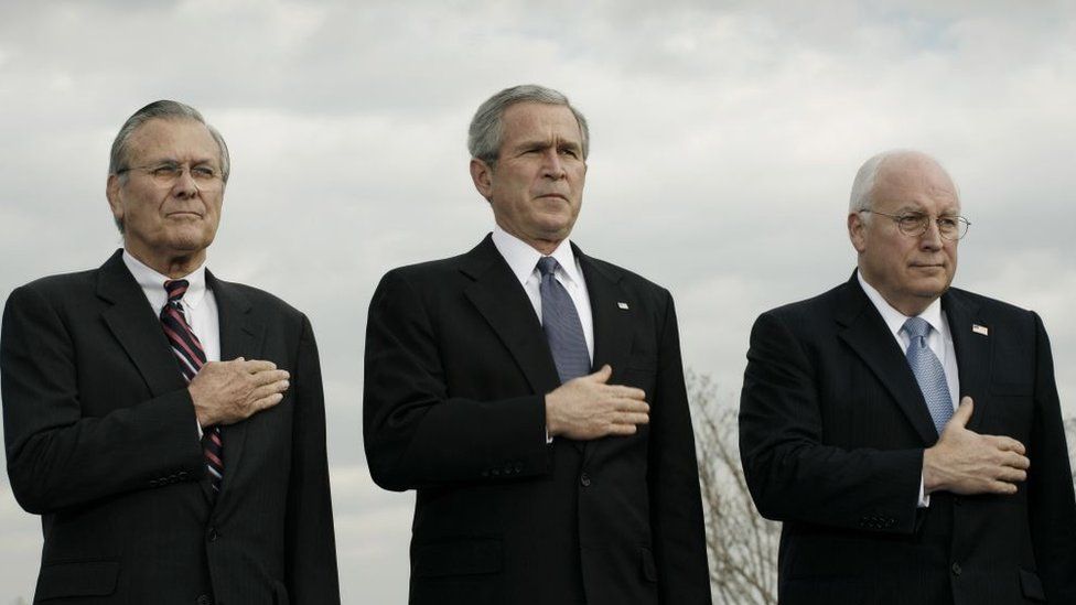 US Secretary of Defense Donald Rumsfeld, US President George W. Bush, Vice President Richard Cheney at the Armed Forces Full Honor Review in Honor of the Secretary of Defense at the Pentagon December 15, 2006 in Arlington, Virginia