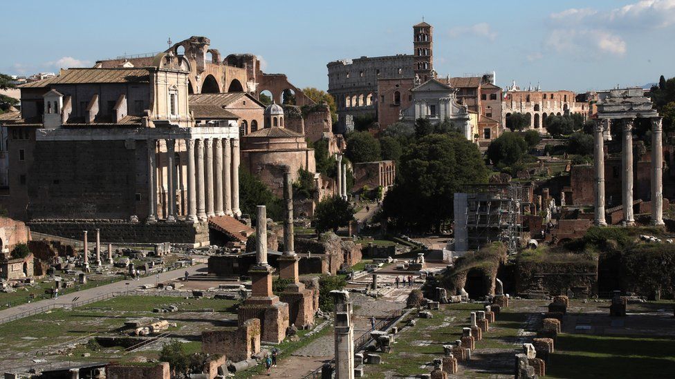 A view of the Coliseum and Roman Forum taken from the Capitoline Hill on October 20, 2020 in Rome, Italy.