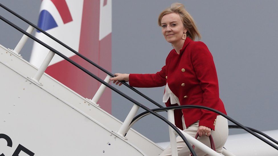 Foreign Secretary Liz Truss boarding RAF Voyager at Stansted
