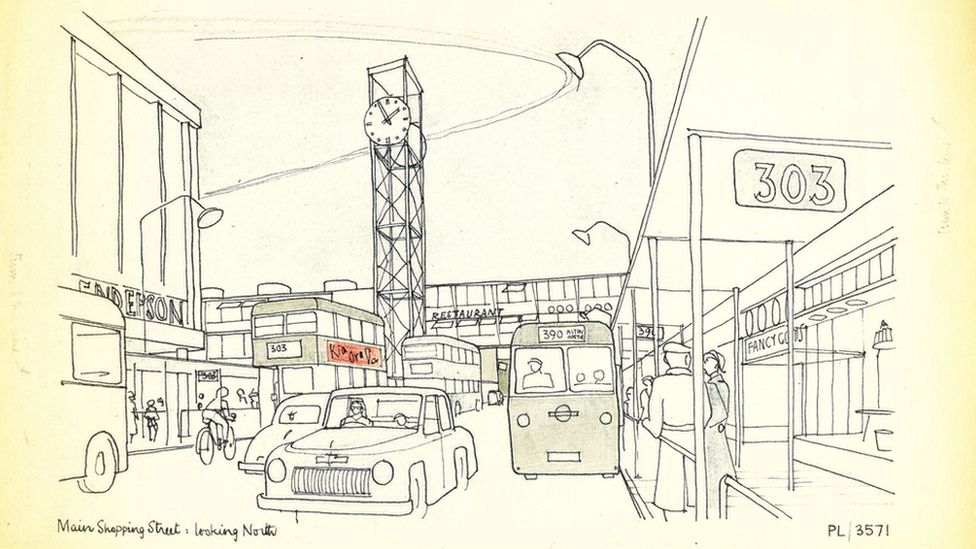 Architect's sketch of Stevenage town centre shopping precinct