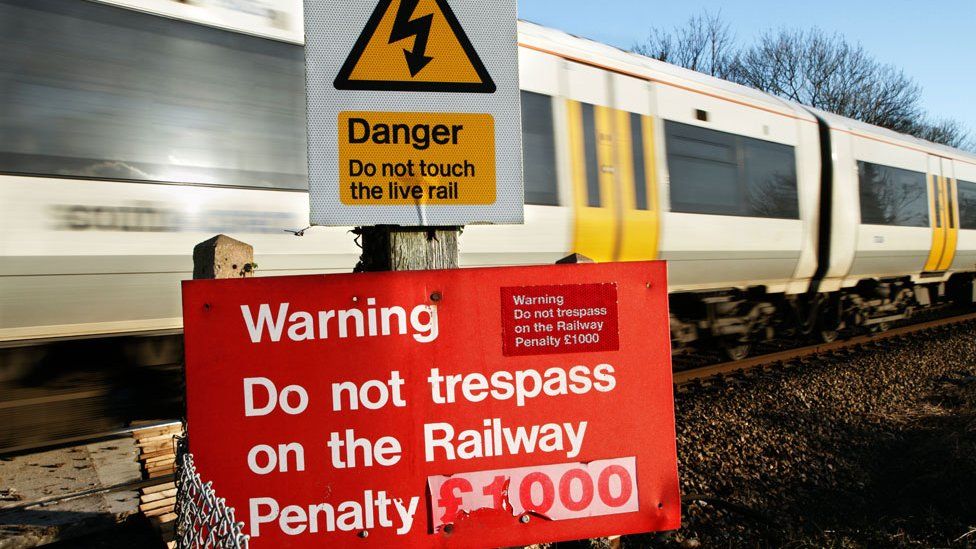 Warning and danger signs in front of a moving train