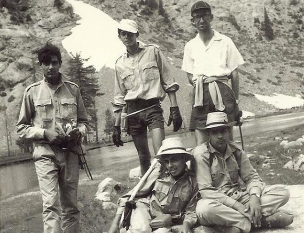 Maj Langlands with boys during a trekking expedition in the northern mountains, mid-1960s