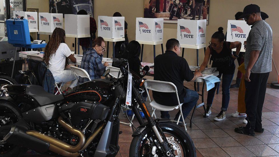 Voting in a Harley-Davidson showroom in Long Beach, California, on 6 November 2018