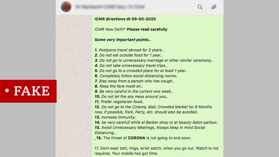 Screen grab of WhatsApp message labelled fake