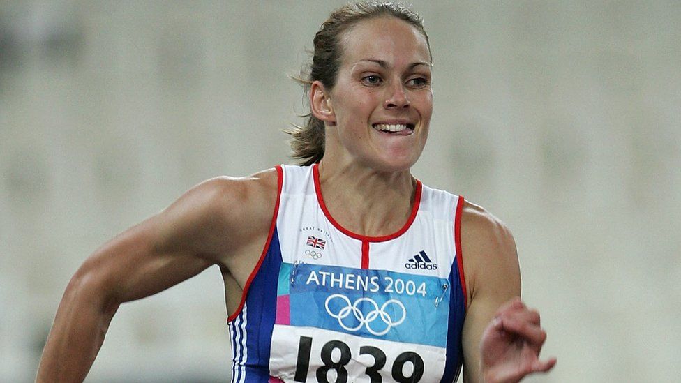 Kelly Sotherton, of Great Britain, competes in the 200-metre discipline of the women's heptathlon on August 20, 2004 during the Athens 2004 Summer Olympic Games