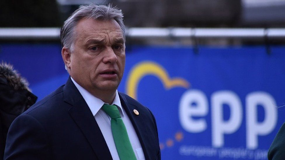Hungarian Prime Minister Viktor Orban seen in front of the EPP logo (file photo)