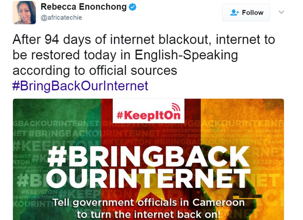 Tweet reads: "After 94 days of internet blackout, internet to be restored today in English-Speaking according to official sources"