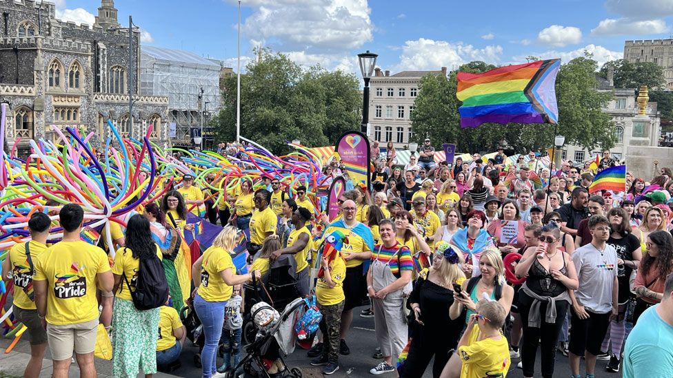 Pride march gathering in Norwich