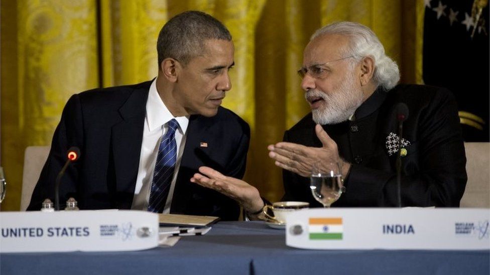 President Barack Obama talks with India"s Prime Minister Narendra Modi during a working dinner with heads of delegations of the Nuclear Security Summit in the East Room of the White House, in Washington, Thursday, March 31, 2016.