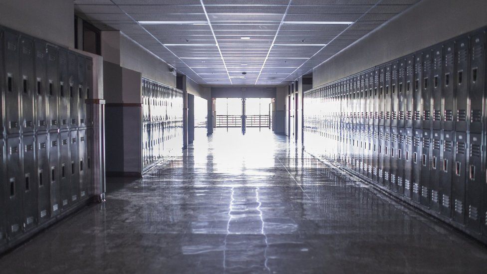 Stock photo of a high school hallway
