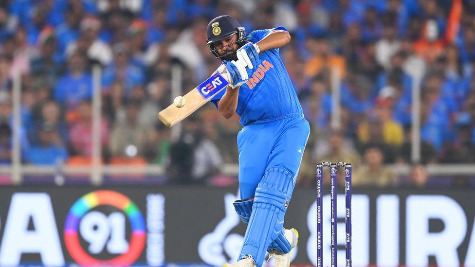Rohit Sharma of India hits a 6 during the ICC Men's Cricket World Cup India 2023 between India and Pakistan at Narendra Modi Stadium on October 14, 2023 in Ahmedabad, India.