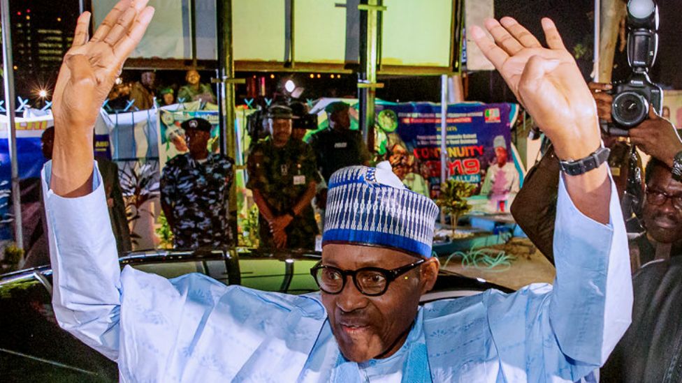 Muhammadu Buhari celebrating his victory