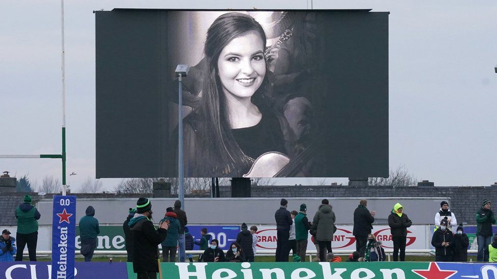 A photo of Ashling Murphy is displayed on the big screen at half-time during the Heineken Champions Cup, Pool A match at The Sportsground in Galway