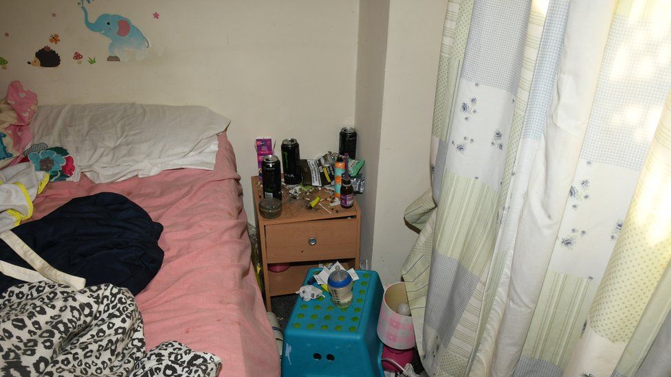 Picture taken by police of a the 'filthy conditions' they encountered at the couple's home after Finley's death, including smoking paraphernalia, dirty sheets and a baby milk bottle which has a layer of mould.