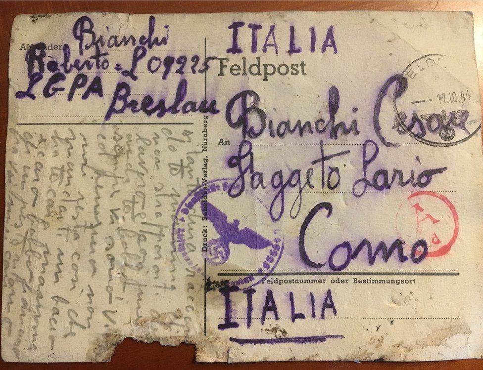 The postcard pictured was written on 17 October, 1944 by an Italian prisoner in a Nazi labour camp