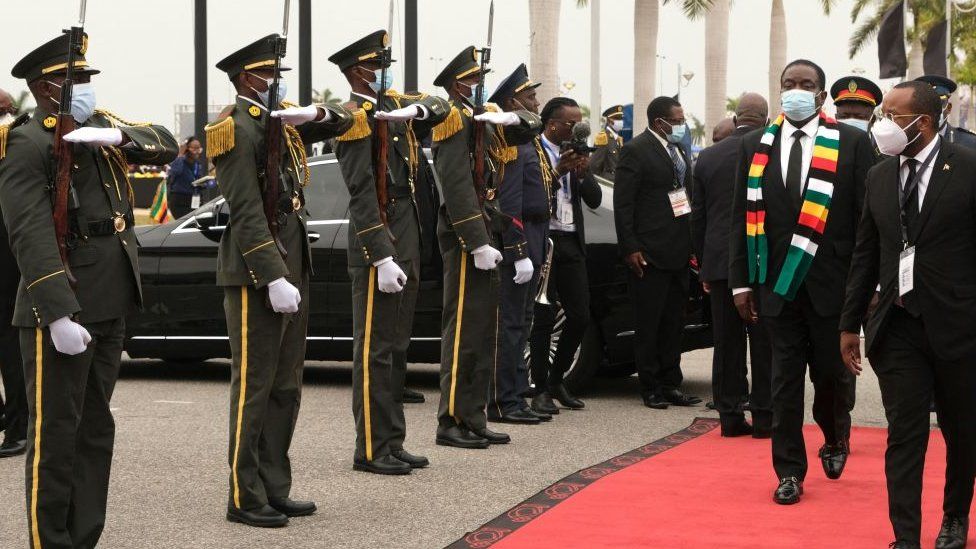 President of Zimbabwe Emmerson Mnangagwa arriving at state funeral for Dos Santos