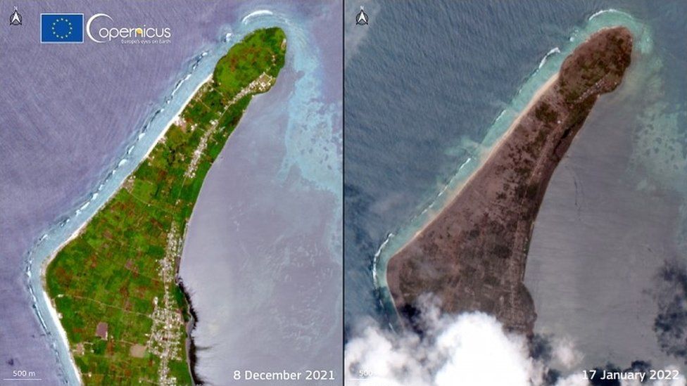 A before and after image showing a volcano eruption in Tonga