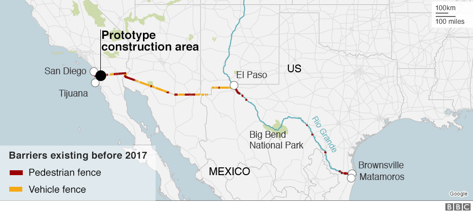 Map showing current barriers on the US-Mexico border