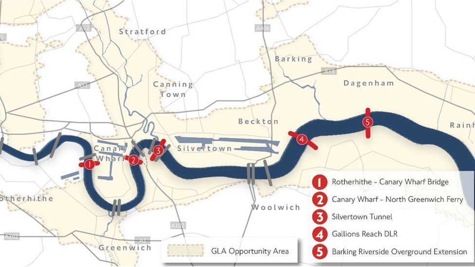 Map showing proposed Thames river crossings