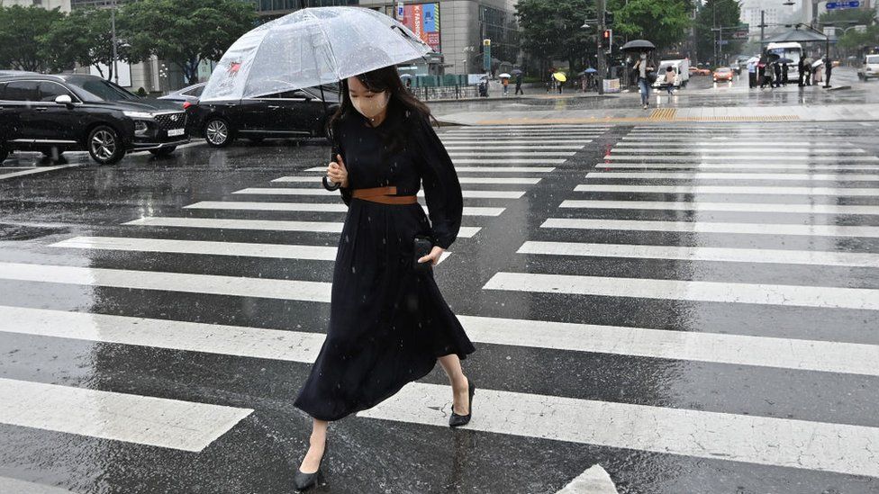 A woman holding an umbrella crosses a road in central Seoul, South Korea.