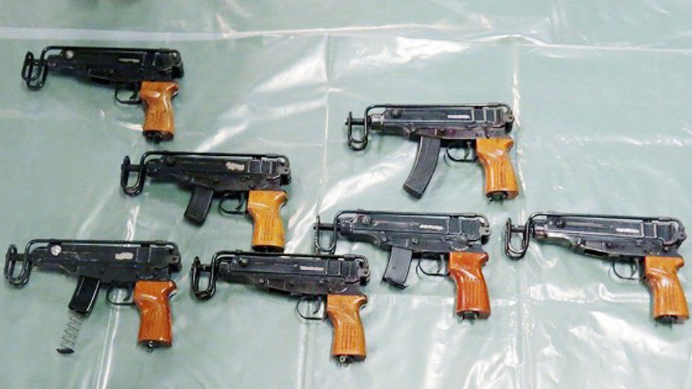 Undated handout file photo issued by the National Crime Agency (NCA) of Skorpion machine pistols seized during a raid in Kent.
