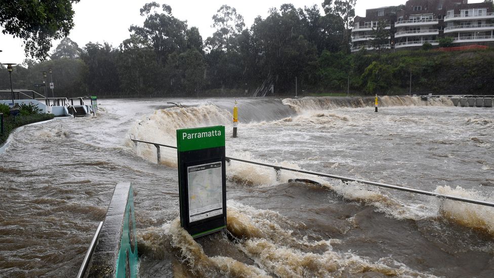 Parramatta River flooding the ferry wharf in Parramatta