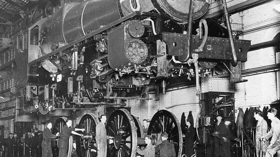 Crewe Works, 17 January 1946. London, Midland & Scottish Railway's wheeling class 5, 4-6-0 steam locomotive being assembled.