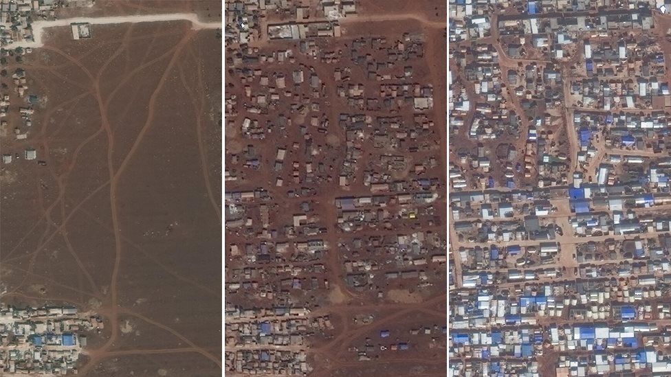 Satellite images from 27 September 2017 (left), 26 September 2018 (centre) and 2 December 2019 (right) showing a camp for displaced people in northern Idlib province, Syria