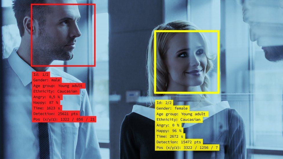 Concept graphic showing a man and a woman detected by facial recognition software