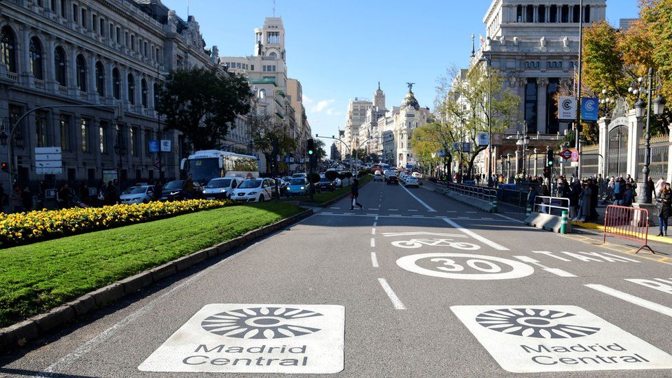 Road markings show the controlled traffic zone in central Madrid, Spain, 30 November 2018