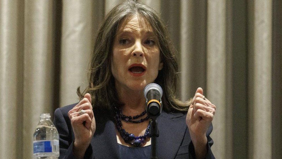 Marianne Williamson addresses the audience during a Democratic Candidate debate in Manchester, New Hampshire, on 8 January 2024