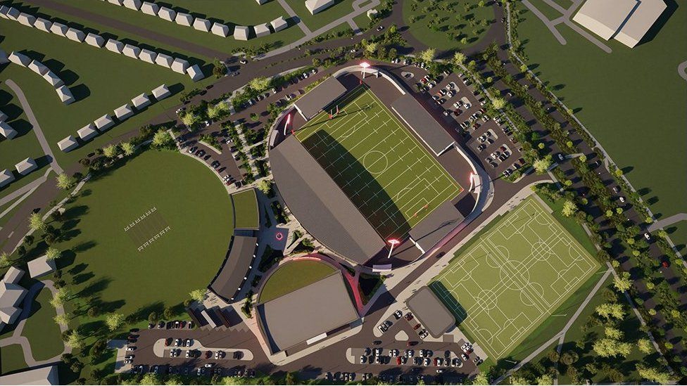 Aerial computer image of new stadium