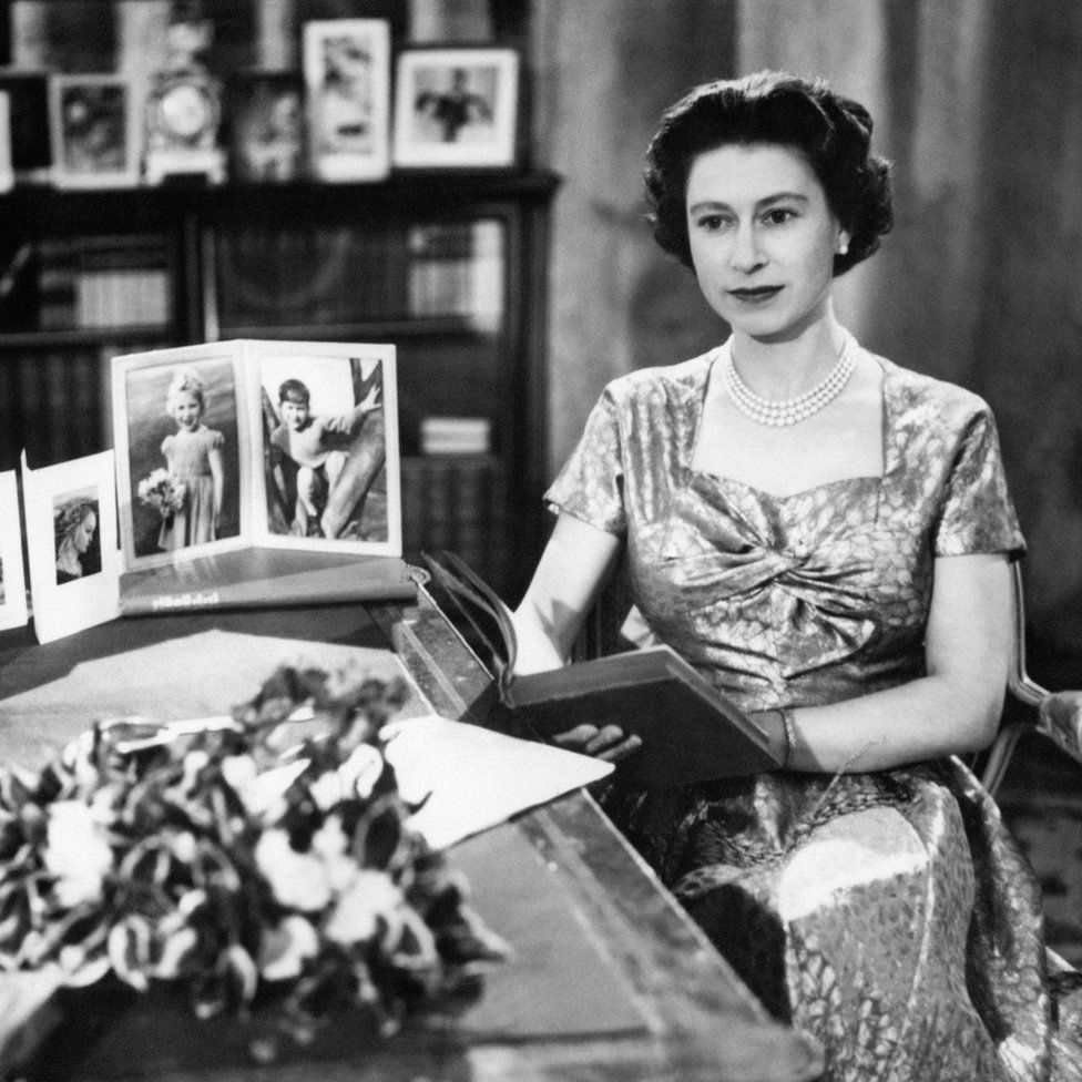 Queen Elizabeth II in the Long Library at Sandringham after making the first televised Christmas Day broadcast to the nation