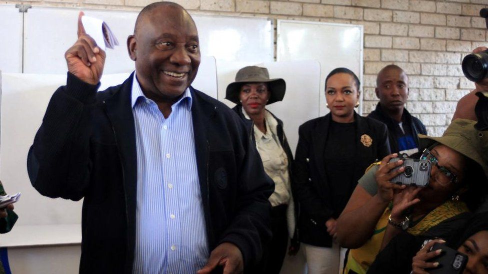 South African president Cyril Ramaphosa casts his vote during the South African elections in Soweto, South Africa May 29, 2024