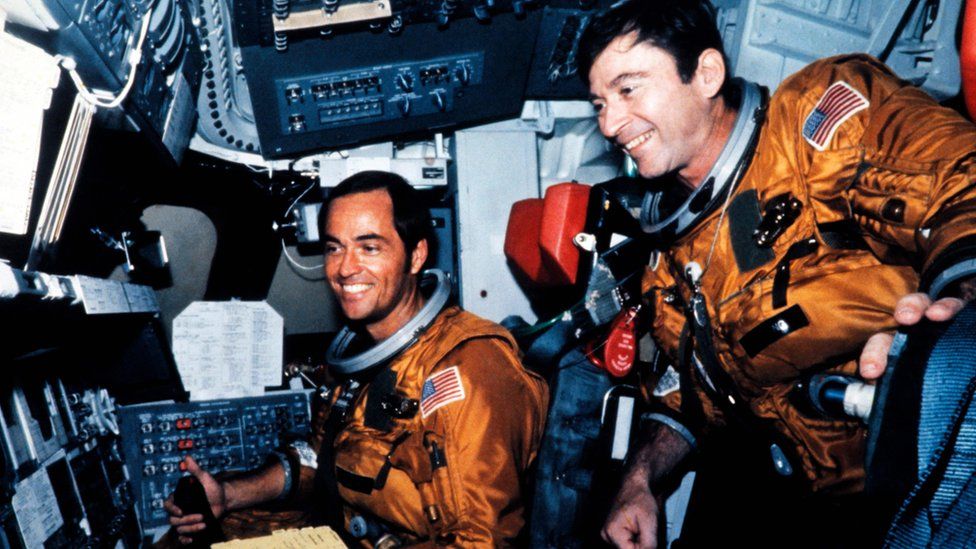 US Astronauts Robert Crippen (L) and John Young (R) in the flight deck of the space shuttle Columbia before the first shuttle flight at Kennedy Space Center in Florida on April 12, 1981