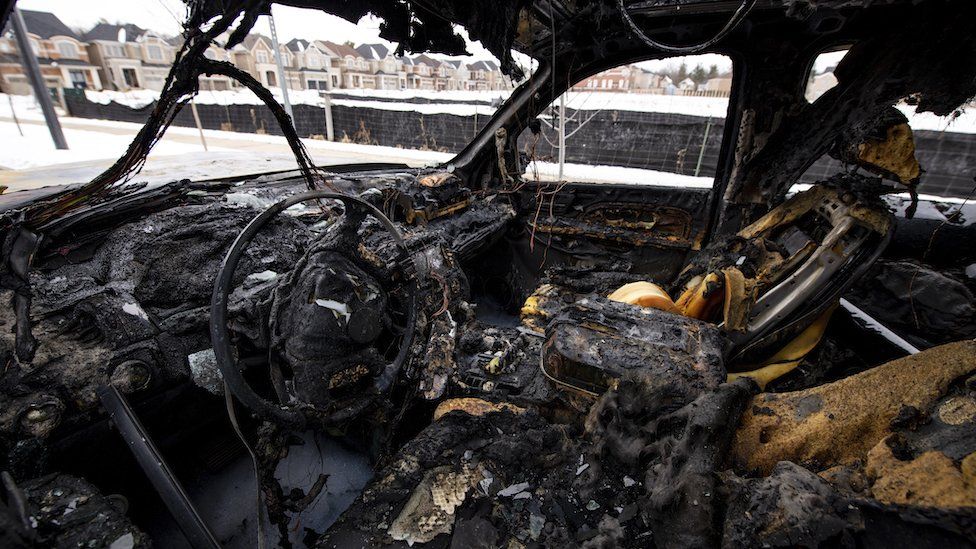 Inside of a burned tow truck