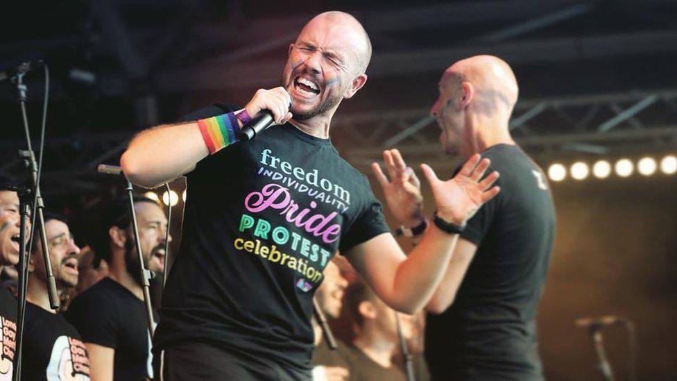 Conleth Kane singing with the London Gay Men's Chorus at London In Pride last month