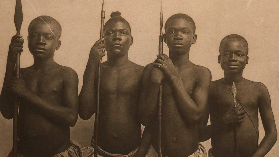 A photo of four Africans, including Ota Benga on the right, taken in 1904 during the World's Fair in St Louis
