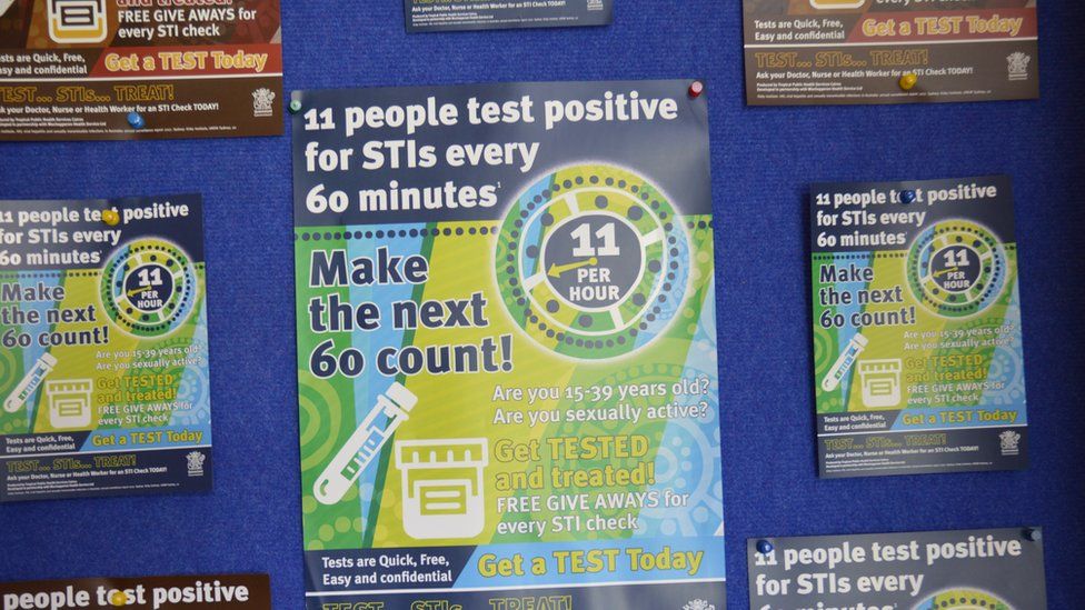 Posters on health clinic wall read: "11 people test positive for STIs every 60 minutes - Make the next 60 count!"