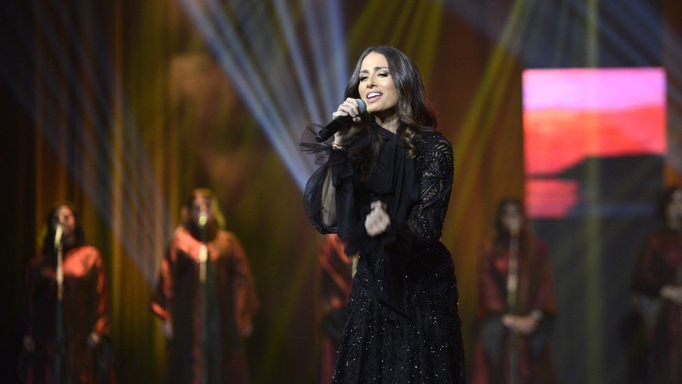 Lebanese singer Hiba Tawaji performs at the King Fahd Cultural Centre in Riyadh on 6 December 2017