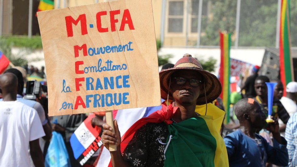 Several dozen Malian people stage a protest against France at the Independence Square during the 60th anniversary of Mali gaining independence from France in Bamako, Mali on September 22, 2020.