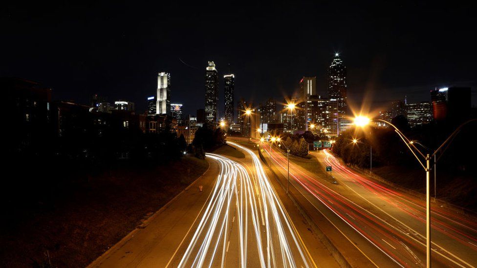 Downtown Atlanta skyline at night, photographed from the Jackson Street bridge in Atlanta