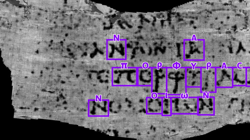 Greek letters are highlighted on the scanned scroll